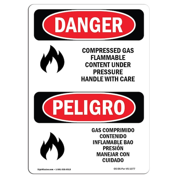 Safety Sign, OSHA, 5" Height, Compressed Gas Flammable Content Spanish, 10PK